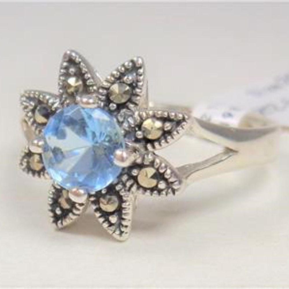 SILVER AQUA & MARCASITE STONES ISLAND FLOWER RING - Picture 3 of 7